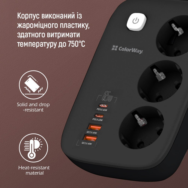 Сетевой фильтр-удлинитель ColorWay  CW-CHE34PDB