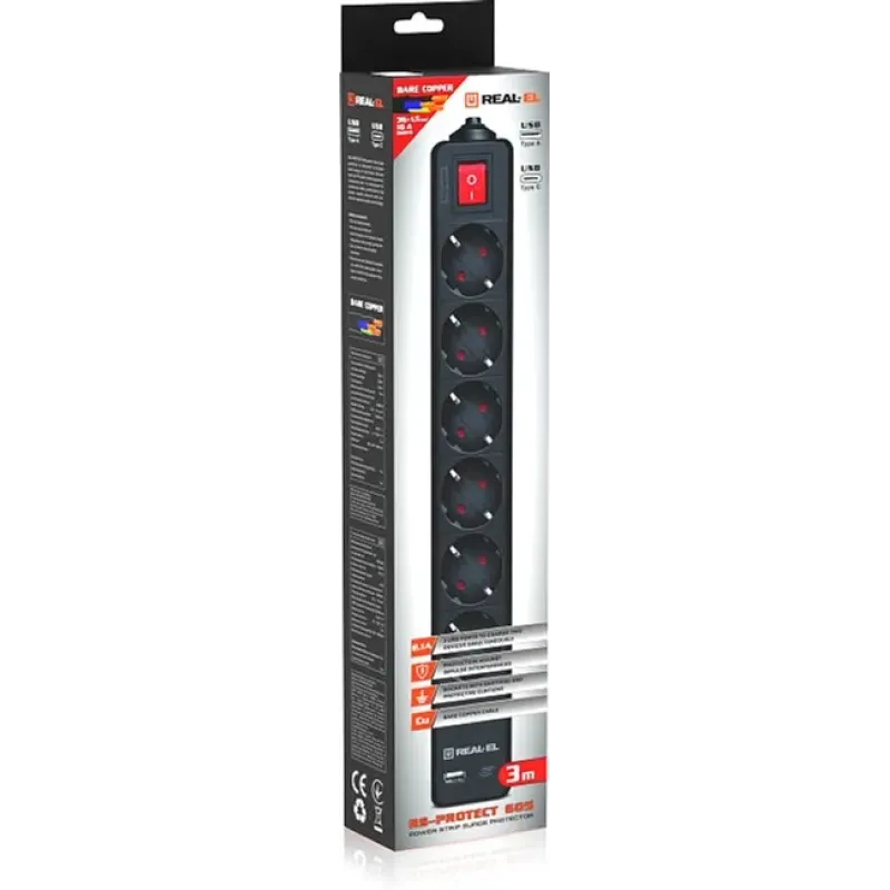 Мережевий фільтр-подовжувач REAL-EL RS-PROTECT 605 3m, black (EL122300041)