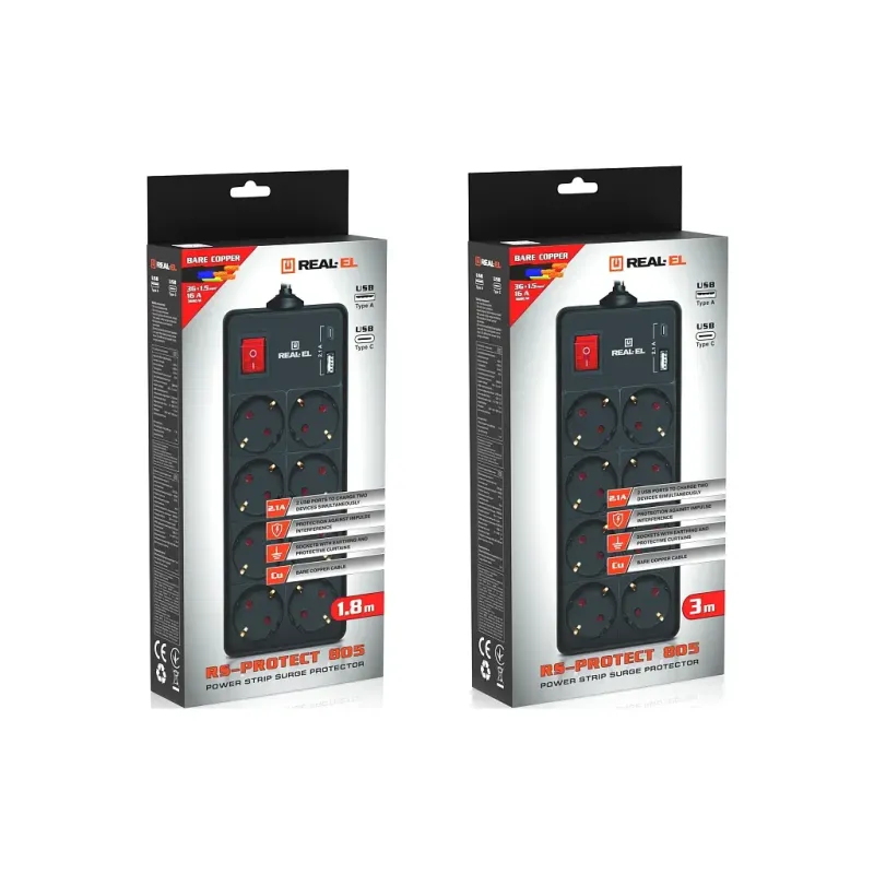 Мережевий фільтр-подовжувач REAL-EL RS-PROTECT 805 3m, black (EL122300043)