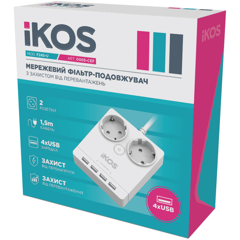 Мережевий фільтр-подовжувач iKOS F24S-U White (0005-CEF)