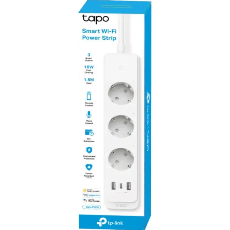 Сетевой фильтр-удлинитель TP-Link TAPO P300 Smart Wi-Fi Power Strip White, 3 розетки, 1xUSB-C, 2xUSB, 1.5м