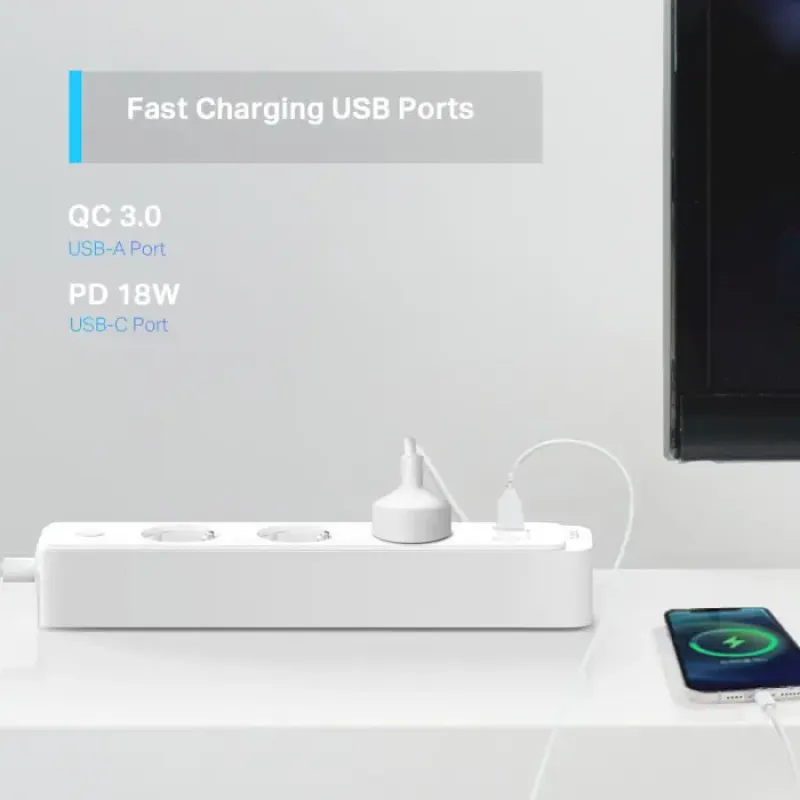 Сетевой фильтр-удлинитель TP-Link TAPO P300 Smart Wi-Fi Power Strip White, 3 розетки, 1xUSB-C, 2xUSB, 1.5м