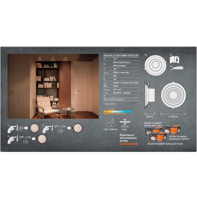 Потолочный светильник LEDVANCE LED 7W 650Lm 2700K 166мм Decor Filament Downlight Echo (4058075833951)