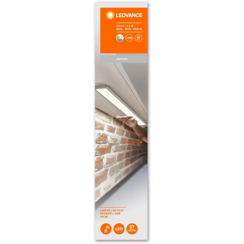 Потолочный светильник LEDVANCE Linear LED Flat Sensor + USB 400mm 3W 3000-6500K акумулятор, датчик руху (4058075762213)