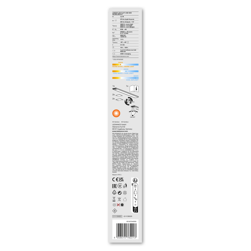 Потолочный светильник LEDVANCE Linear LED Flat Sensor + USB 400mm 3W 3000-6500K акумулятор, датчик руху (4058075762213)