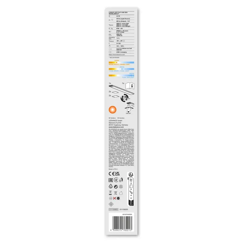 Потолочный светильник LEDVANCE Linear LED Flat Sensor + USB 400mm 3W 3000-6500K акумулятор, датчик руху (4058075762213)