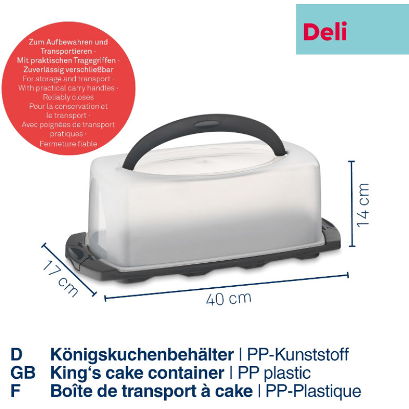 KELA Тортовница с ручкой Deli прямоугольная серая, 40х17х14,5 см (12175)