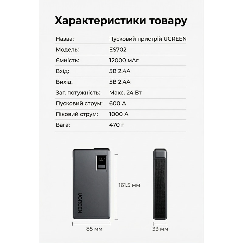 Пусковий пристрій UGREEN ES702 12000mAh Car Jump Starter (35977)
