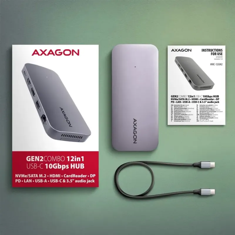 USB-хаб AXAGON USB-C 12-in-1 HDMI + DisplayPort + RJ45 1000Mbps + (HMC-12GM2)