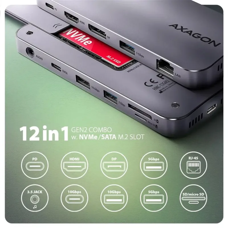 USB-хаб AXAGON USB-C 12-in-1 HDMI + DisplayPort + RJ45 1000Mbps + (HMC-12GM2)