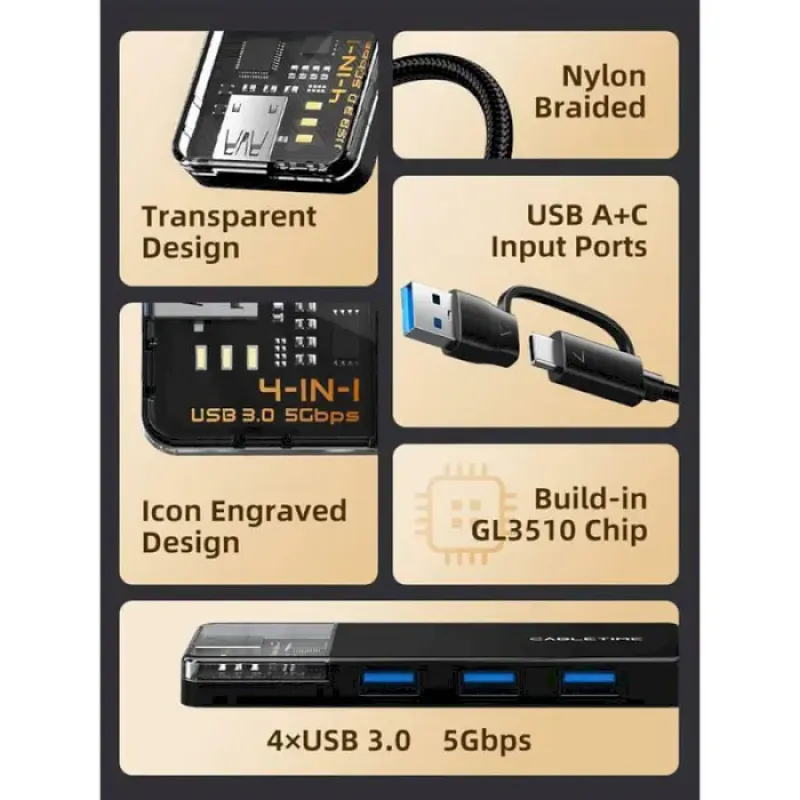 USB-хаб Cabletime USB С/A - 4xUSB 3.0 (CB05B)