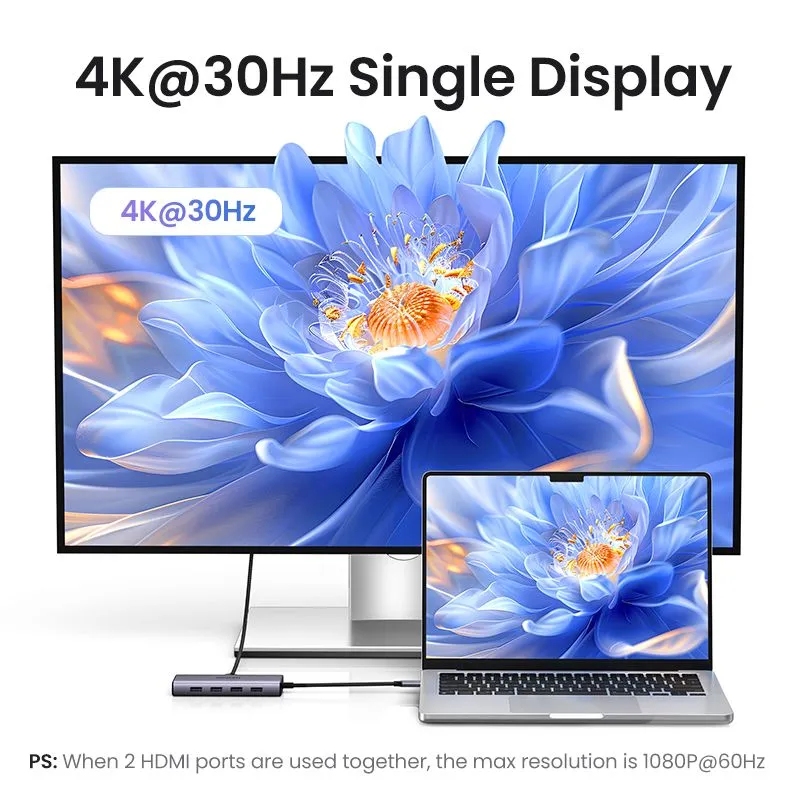 USB-хаб UGREEN USB 3.0 Type-C 1хUSB-A 3.0/3хUSB-A 2.0/2xHDMI 4K 30Гц PD CM498 (35897)