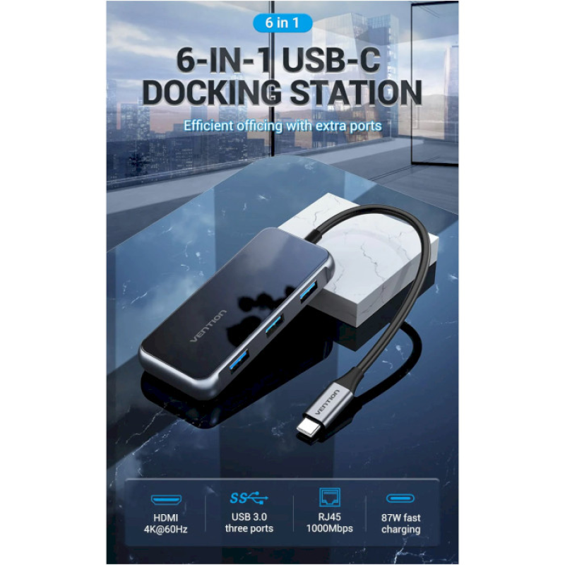 Vention 6-in-1 USB-C to HDMI/USB3.0x3/RJ-45/PD (TFFHB)