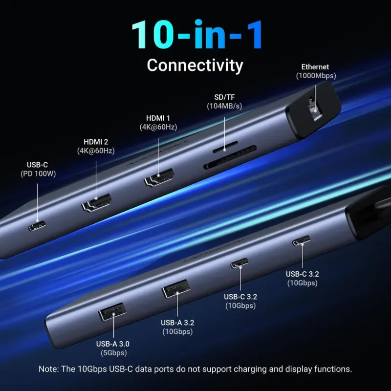 USB-хаб UGREEN CM639 Type-C 10 in 1 HDMI 8K HDR 100W (45380)