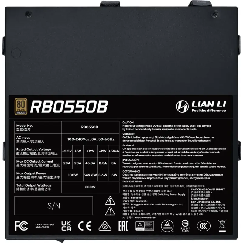 Блок питания Lian Li RB0550B 550 Вт 80 Plus Bronze Black (G9P.RB0550B.B000.EU)