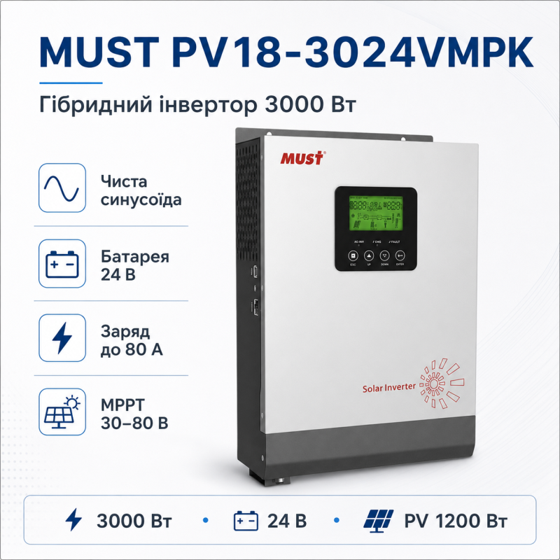 Гібридний інвертор Must PV18-3024VMPK, 3000W, 24V (PV18-3024VMPK)