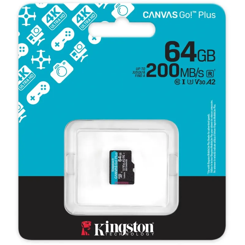 Карта памяти Kingston 64 GB microSDXC Canvas Go! Plus UHS-I U3 V30 A2 Class 10 (SDCG4/64GBSP)