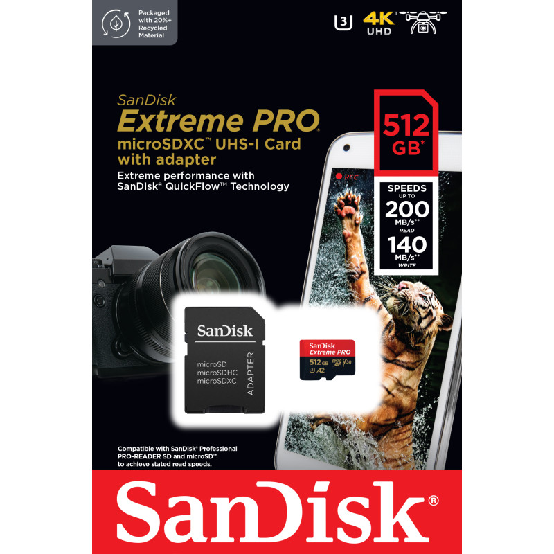 SanDisk 512 GB microSDXC UHS-I U3 Extreme Pro + SD Adapter SDSQXCD-512G-GN6MA