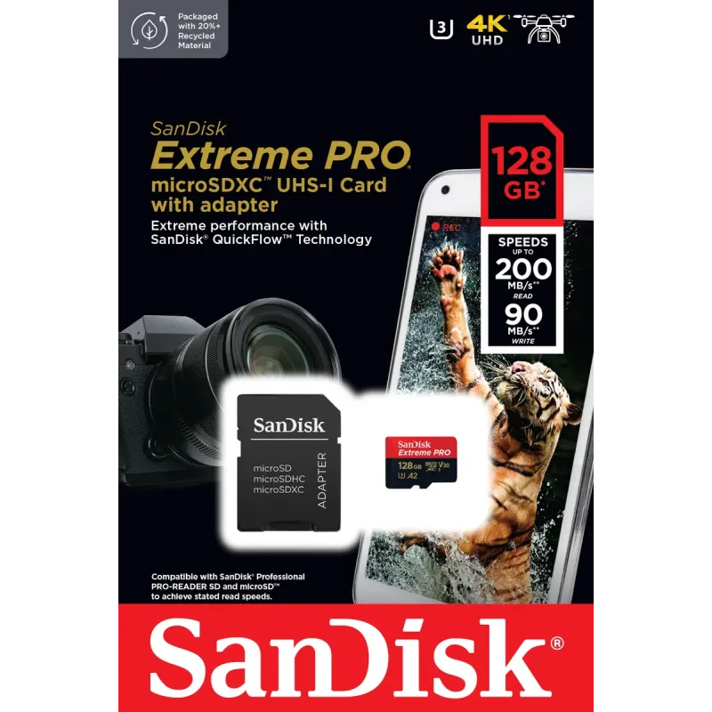 Карта пам'яті SanDisk 128 GB microSDXC UHS-I U3 Extreme Pro + SD Adapter SDSQXCD-128G-GN6MA