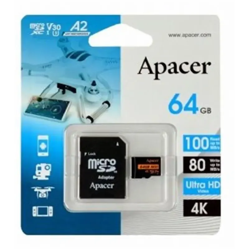 Карта пам'яті Apacer 64GB microSD class 10 UHS-I U3 (AP64GMCSX10U8-R)