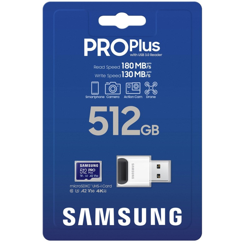 Карта памяти Samsung 512 GB microSDXC UHS-I U3 V30 A2 PRO Plus 2023 + Reader (MB-MD512SB)