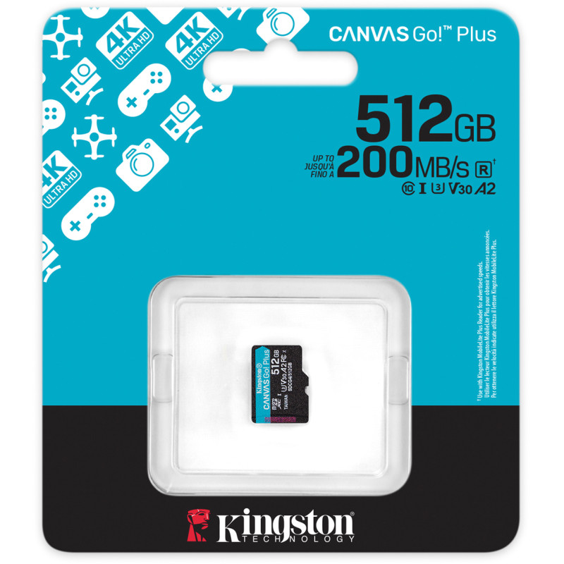 Карта памяти Kingston 512 GB microSDXC Canvas Go! Plus UHS-I U3 V30 A2 Class 10 (SDCG4/512GBSP)