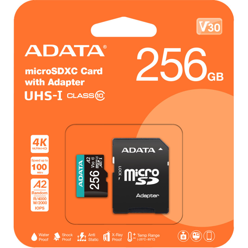 Карта памяти ADATA 256 GB microSDXC UHS-I U3 Premier Pro + SD-adapter (AUSDX256GUI3V30SA2-RA1)