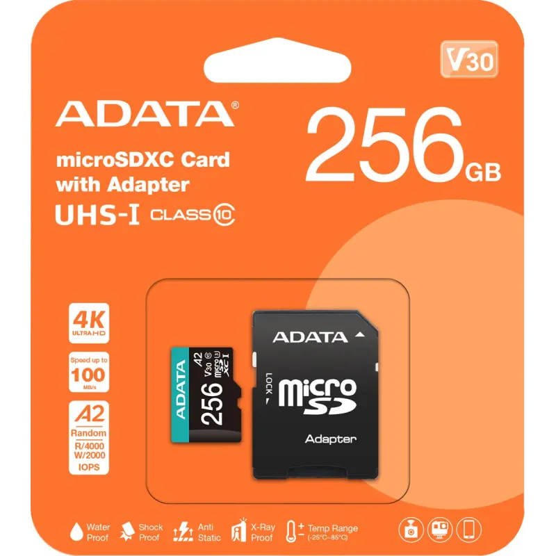 Карта памяти ADATA 256 GB microSDXC UHS-I U3 Premier Pro + SD-adapter (AUSDX256GUI3V30SA2-RA1)
