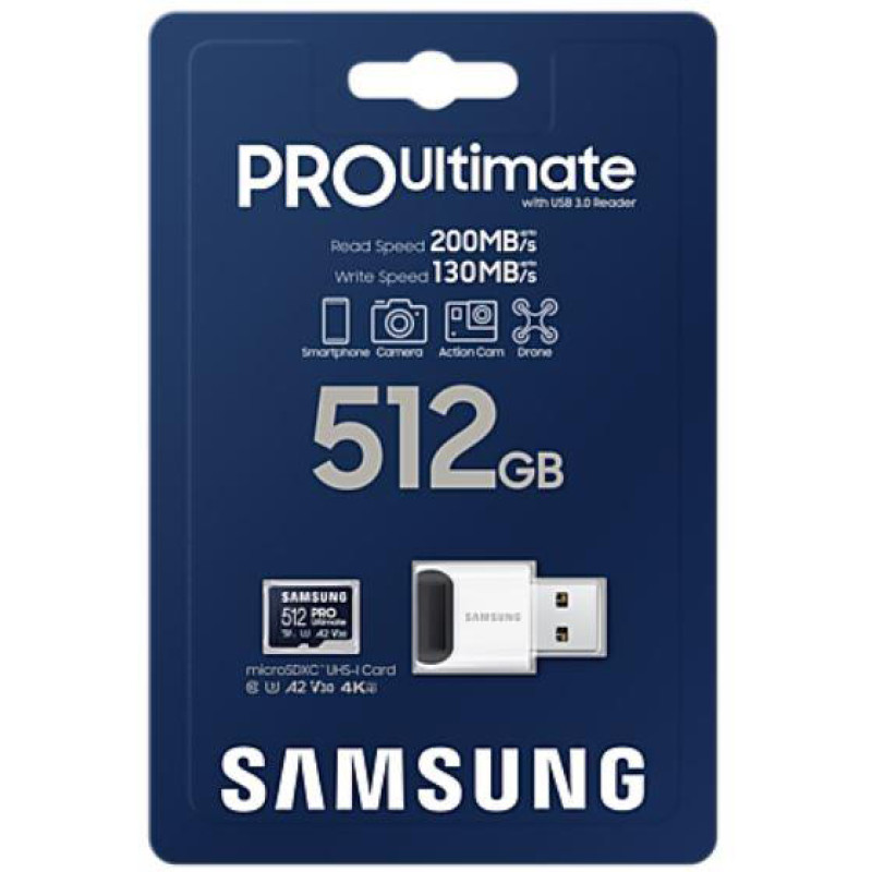Samsung 512 GB microSDXC UHS-I U3 V30 A2 Pro Ultimate + Reader (MB-MY512SB)