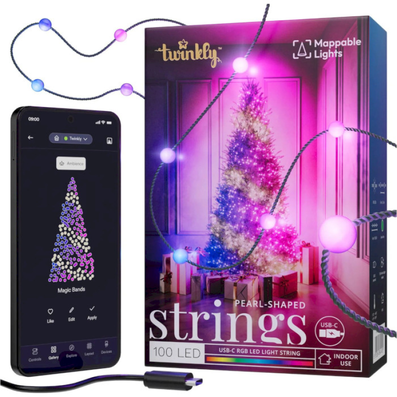 Twinkly Smart LED Strings USB 100 Pearl-shaped RGB LEDs, Green Wire, USB-C (TWKP100RGB-G)