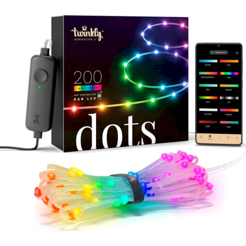 Электрогирлянда Twinkly Smart LED Dots 200 RGB LED Lights String, Clear Wire, Plug Type C (TWD200STP-TEU)