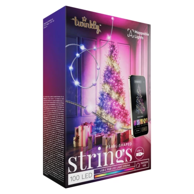 Twinkly Smart LED Strings USB 100 Pearl-shaped RGB LEDs, Clear Wire, USB-C (TWKP100RGB-T)