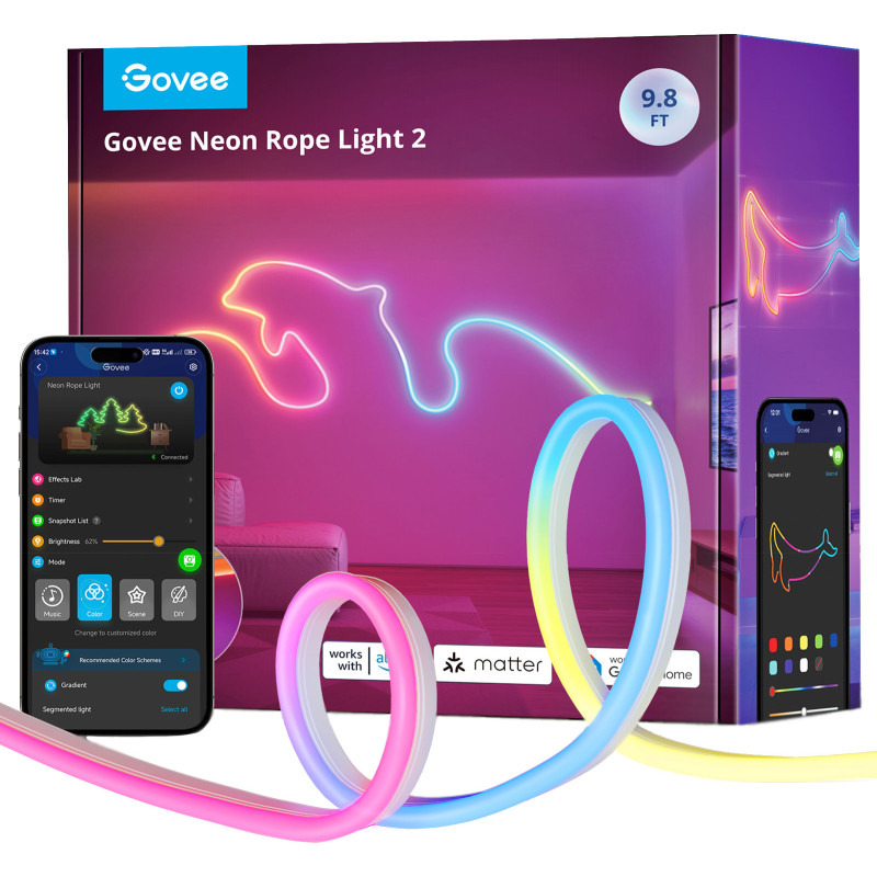 Светодиодная лента Govee H61D3 Smart Neon Rope Light 2 RGBIC Wi-Fi/Bluetooth Matter 3m (H61D3301)