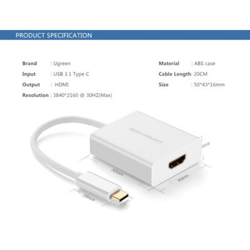 Кабель UGREEN USB-C to HDMI v1.4 White (40273)