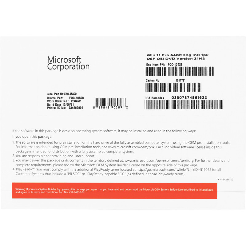 Программное обеспечение Microsoft Windows 11 Pro 64Bit Eng Intl 1pk DSP OEI DVD (FQC-10528)