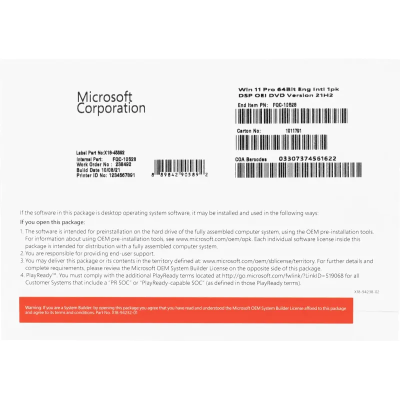 Программное обеспечение Microsoft Windows 11 Pro 64Bit Eng Intl 1pk DSP OEI DVD (FQC-10528)