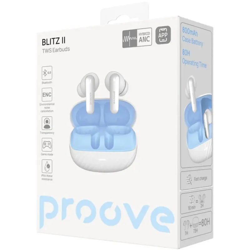 Наушники Proove Blitz II TWS with Hybrid ANC (APP) white/blue (TWBL2001AP21)