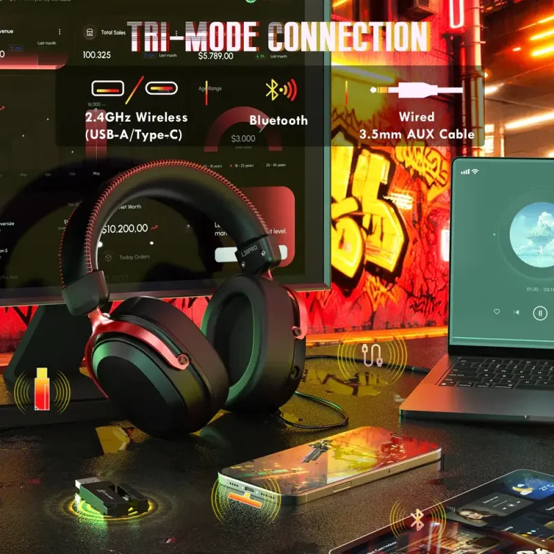Компьютерная гарнитура Attack Shark L30PRO Wireless,2.4GHz/Bluetooth/3.5mm AUX/AUX-to-Type-C,Black and Red (L30PROBR_AS)