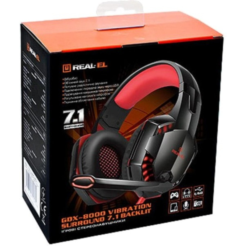 Компьютерная гарнитура REAL-EL GDX-8000 Vibration Surround 7.1 BackLit Black-Red (EL124100017)