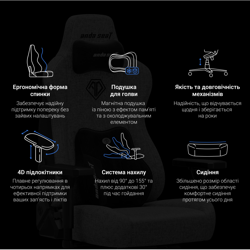 Кресло Anda Seat Kaiser 3E XL Elegant Black (AD23YC-XL-08-B-PV/C-B01)