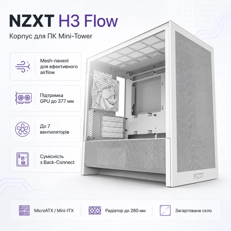 Корпус NZXT H3 Flow White без БП (CC-H31FW-01)