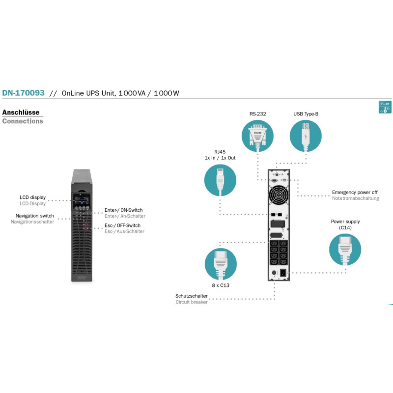 ИБП Digitus OnLine, 1000VA/1000W, LCD, 8xC13, RJ45, RS232, USB, Rack/Tower (DN-170093)