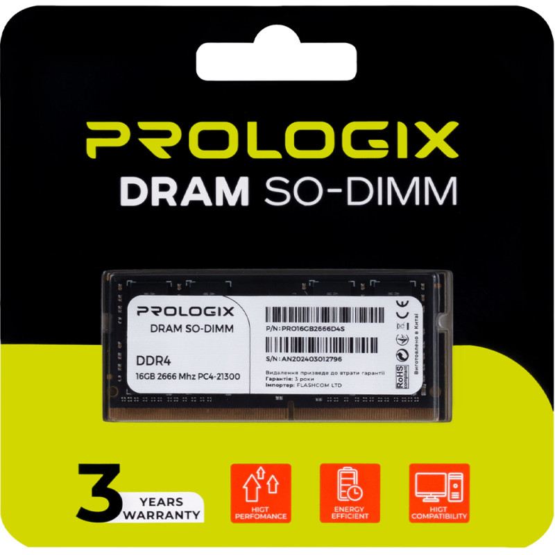 Prologix 16 GB SO-DIMM DDR4 2666 MHz (PRO16GB2666D4S)