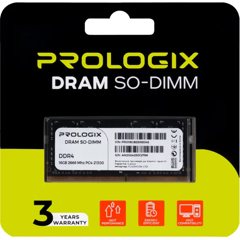 Оперативная память Prologix 16 GB SO-DIMM DDR4 2666 MHz (PRO16GB2666D4S)