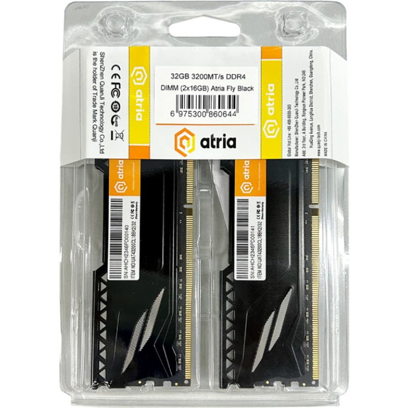 Оперативна пам'ять ATRIA 32 GB (2x16GB) DDR4 3200 MHz Fly Black (UAT43200CL18BK2/32)