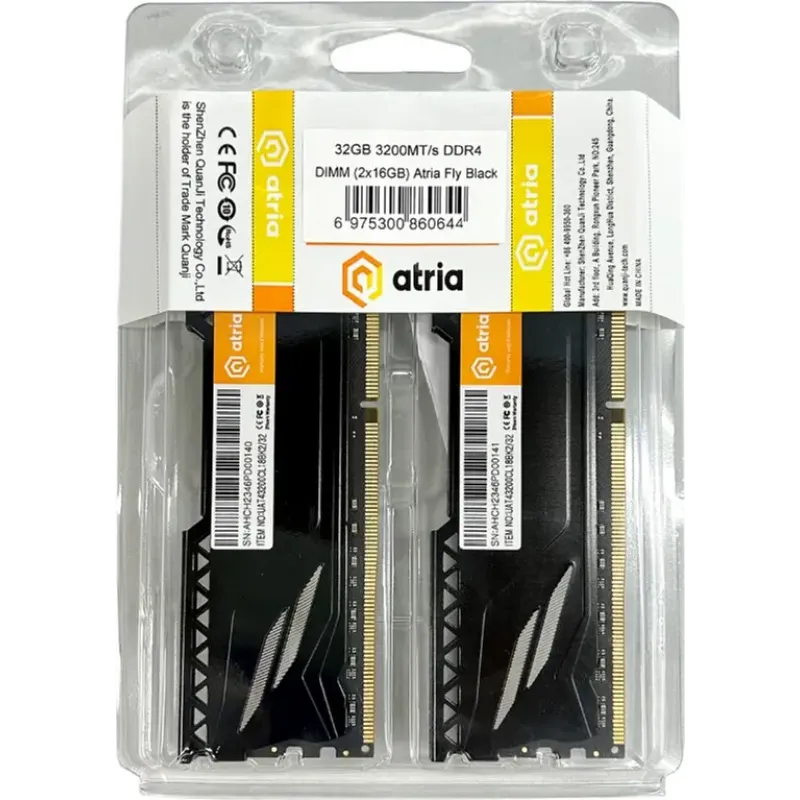 Оперативна пам'ять ATRIA 32 GB (2x16GB) DDR4 3200 MHz Fly Black (UAT43200CL18BK2/32)
