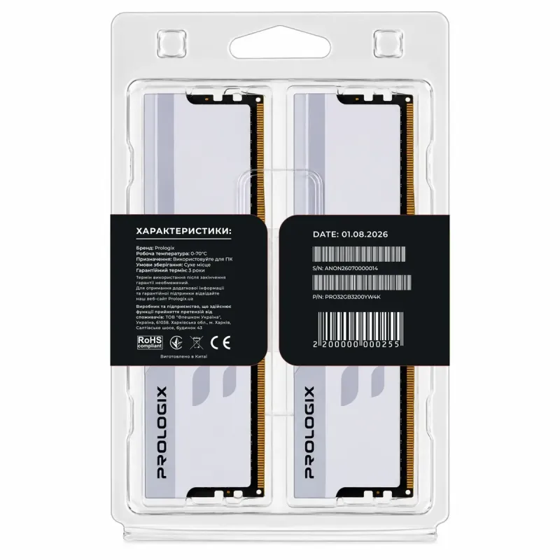 Оперативная память Prologix 32 GB (2x16GB) DDR4 3200 MHz Onyx White (PRO32GB3200YW4K)