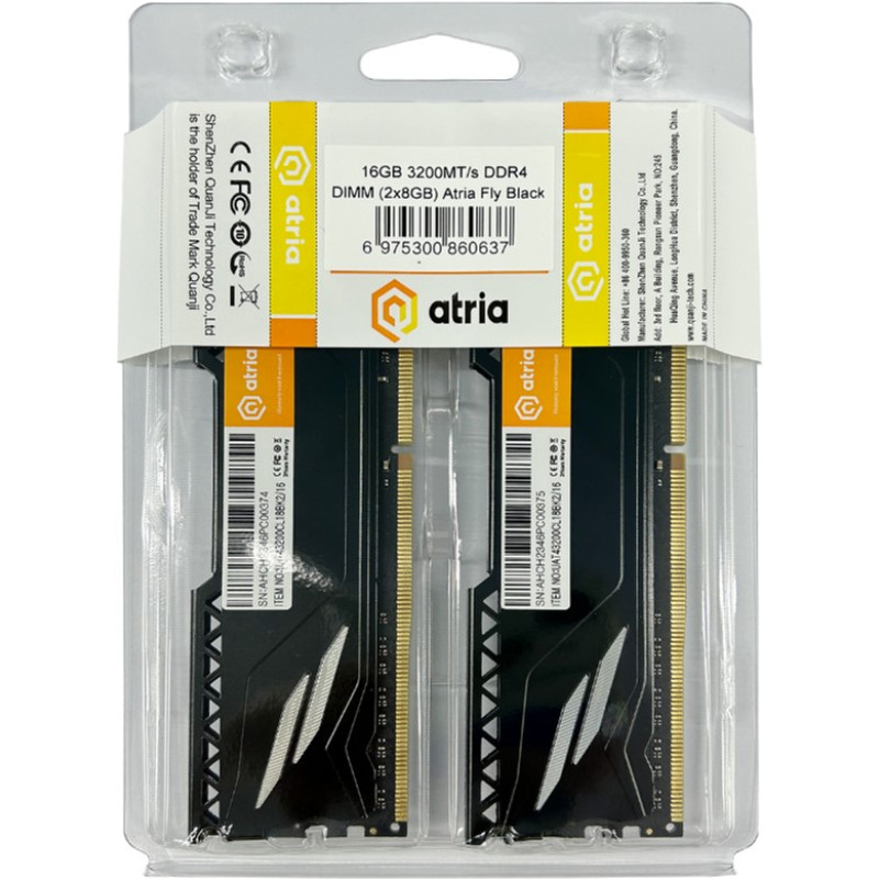 Оперативна пам'ять ATRIA 16 GB (2x8GB) DDR4 3200 MHz Fly Black (UAT43200CL18BK2/16)