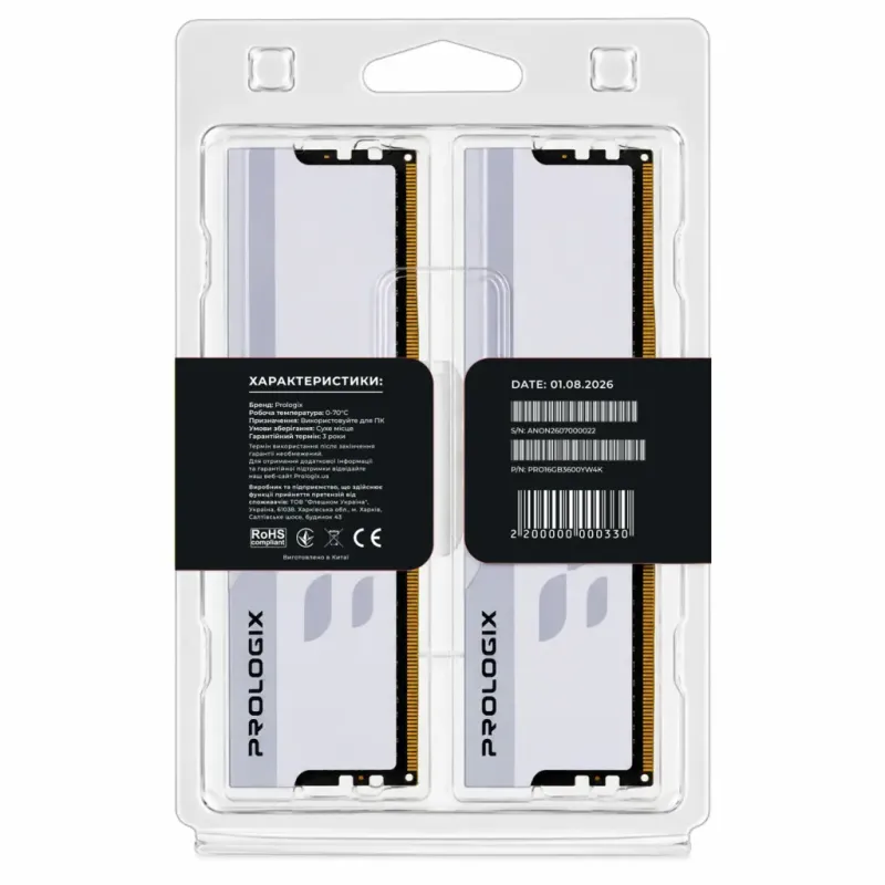 Оперативная память Prologix 16 GB (2x8GB) DDR4 3600 MHz Onyx White (PRO16GB3600YW4K)