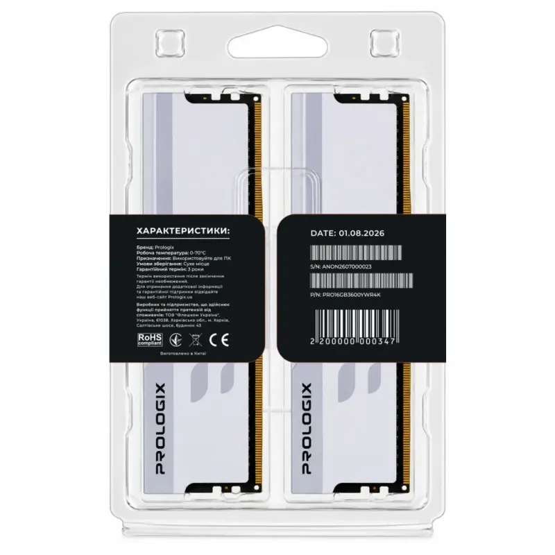 Оперативная память Prologix 16 GB (2x8GB) DDR4 3600 MHz Onyx White RGB (PRO16GB3600YWR4K)